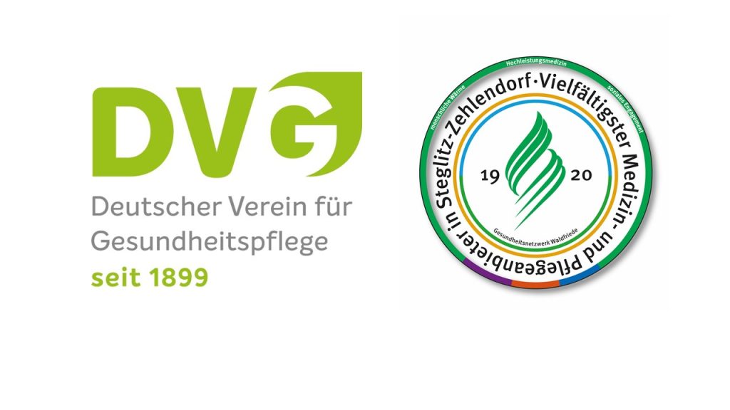 1. Deutscher Verein für Gesundheitspflege Logo, grün und grau, seit 1899, mit Zertifizierungsstempel für medizinische Vielfalt und Qualität, Fokus auf Gesundheits- und Pflegeberufe.