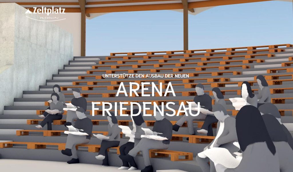 Vielfältige Menschen im Stadion sitzen, um den Ausbau der Arena Friedensau zu unterstützen, beim Event in Prudenau, Deutschland.