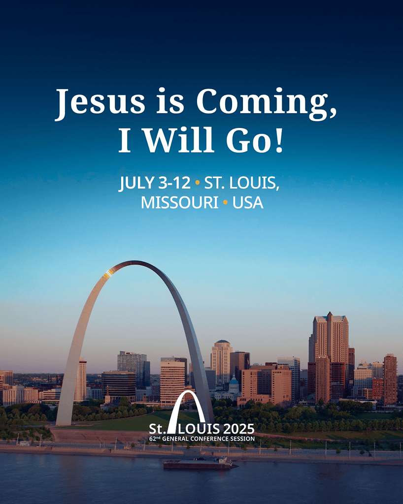 Fahrplan der Konferenz in St. Louis, Missouri, USA mit Turm der Gateway Arch im Mittelpunkt und Veranstaltungstext "Jesus kommt, ich werde gehen!".