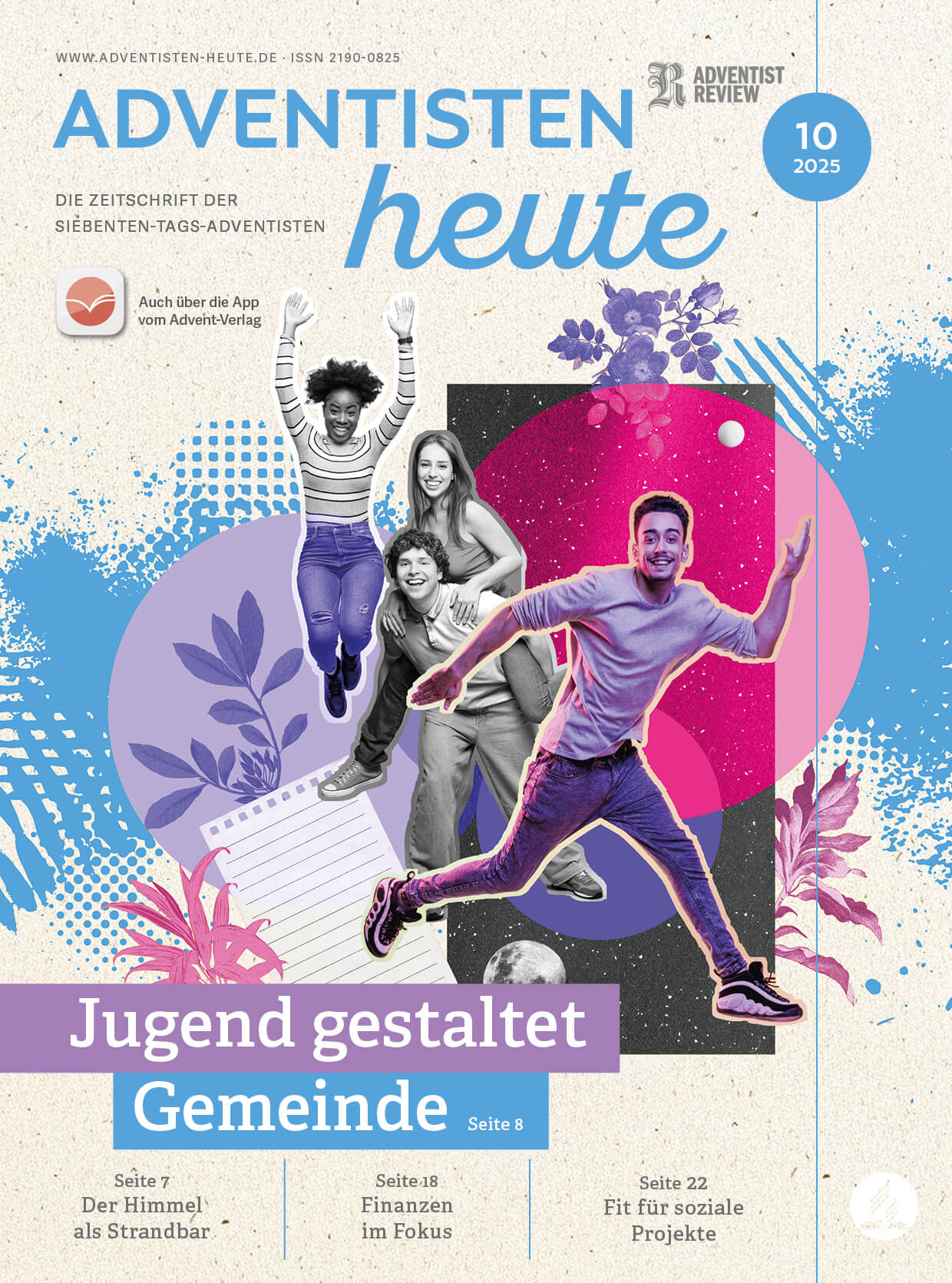 Jugendliche, Gemeinschaft und christliche Bildung auf der Cover-Zeitschrift "Adventisten heute" April 2023 im modernen Design.