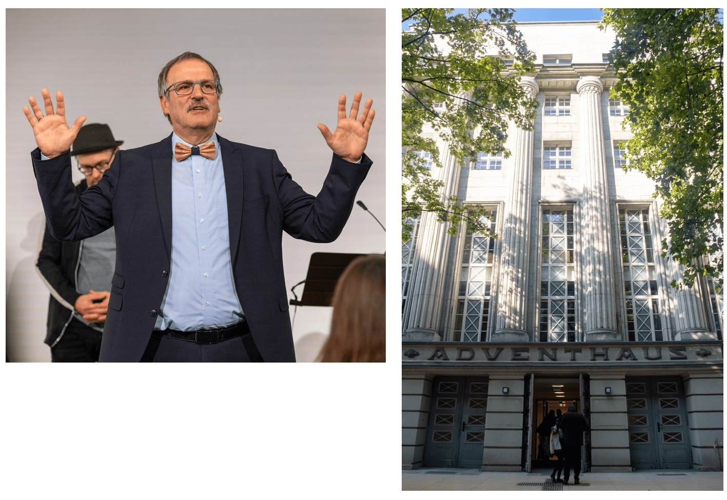 Redner bei Konferenz, humorvoller Mann mit Brille und Fliege, spricht vor Publikum, im Hintergrund ein Mann mit Hut, Business-Event, Präsentation.