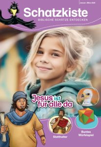 Jesus als zentraler Fokus in christlicher Kinderliteratur und biblischen Schatzkisten, ideal für religiöse Erziehung, Kindermedien und Bibelstunden, mit buntem Würfelspiel und biblischen Figuren.