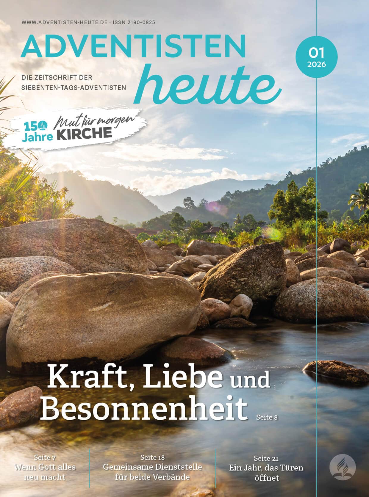 Natürliche Landschaft mit Fluss, Felsen und Sonnenstrahlen, Illustration für spirituelle Ruhe, Naturverbundenheit, religiöse Inspiration, Gebet in der Natur.