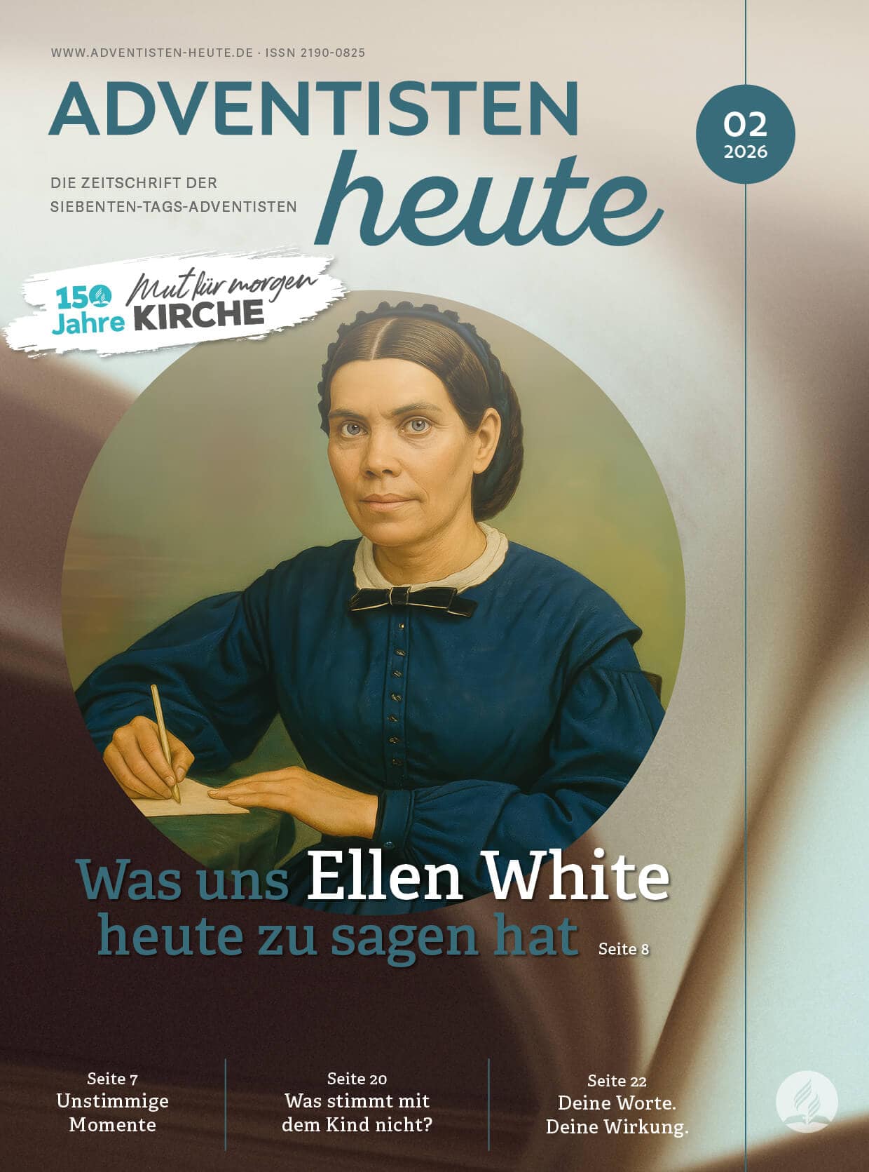 Erscheinungsbild einer religiösen Zeitschrift "Adventisten heute" mit Fokus auf die 7-Tage-Adventisten, christliche Inhalte, Ellen White und christliche Werte, ideal für christliche Gemeinschaften und Glaubensinteressierte.