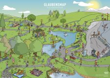 Illustration eines Glaubenspfades mit verschiedenen Aktivitäten in einer natürlichen Landschaft, symbolisiert spirituelles Wachstum und Gemeinschaft.