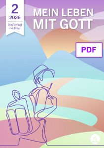 Gebets- und Bibelstudienheft "Mein Leben mit Gott" für das Jahr 2026, mit Illustration eines betenden Menschen und Naturhintergrund, ideal für christliche Bildung und spirituelles Wachstum.