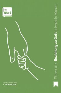 Ein Hand hält einen kleinen Finger eines anderen Hand, symbolisiert die Beziehung zu Gott, mit dem Text "Wie wir eine Beziehung zu Gott entwickeln können" auf grünem Hintergrund.