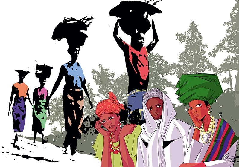 Hochwertige Illustration von afrikanischen Frauen und Männern, die traditionelle Kleidung tragen und Körbe auf dem Kopf tragen, in einer ländlichen Umgebung mit Bäumen im Hintergrund.